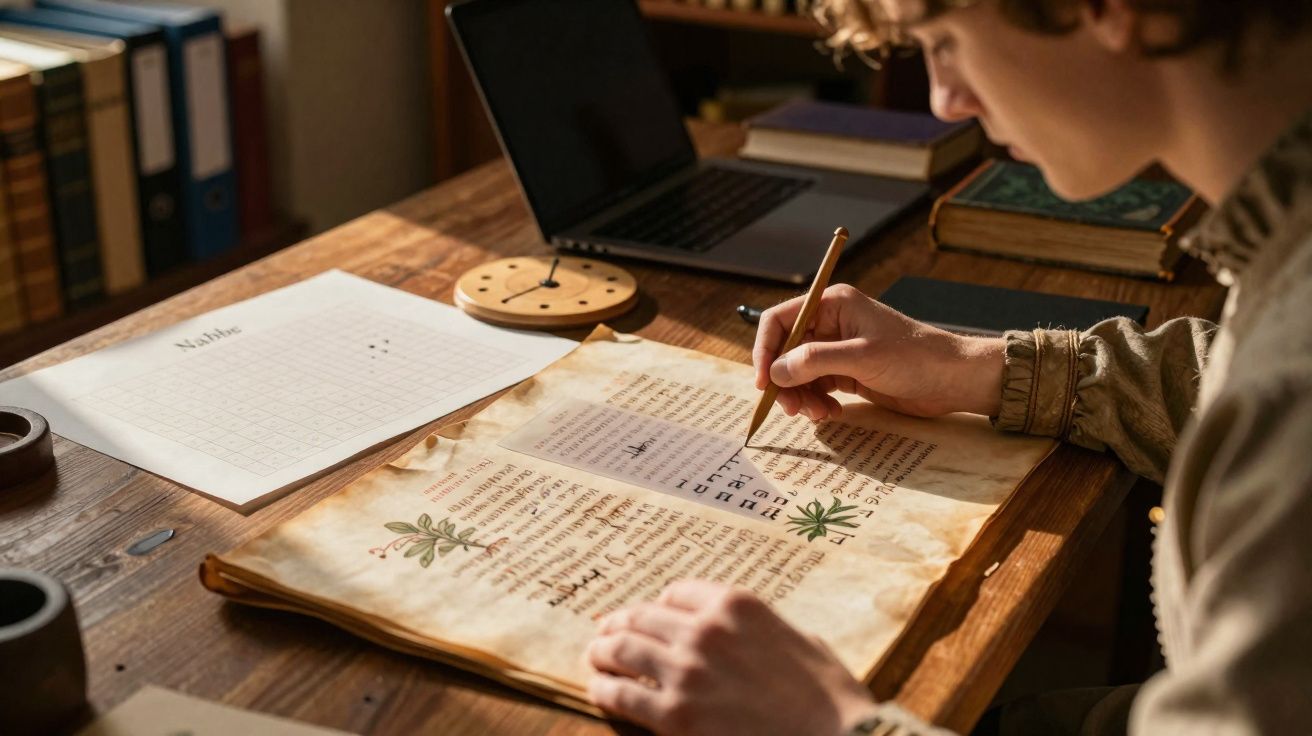 Pessoa a escrever num manuscrito antigo com ilustrações de plantas numa mesa com objetos de estudo.