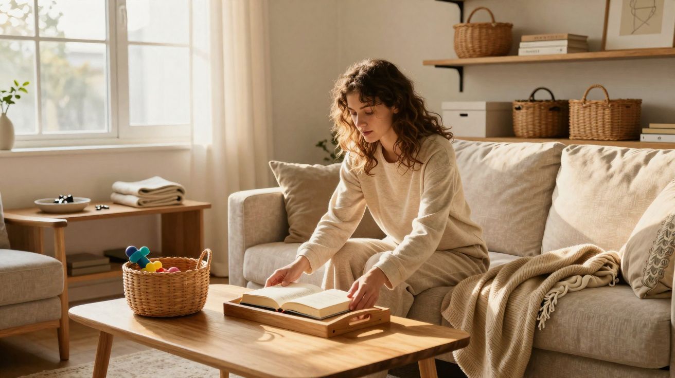 Mulher sentada no sofá a organizar um livro numa sala acolhedora e iluminada por luz natural.