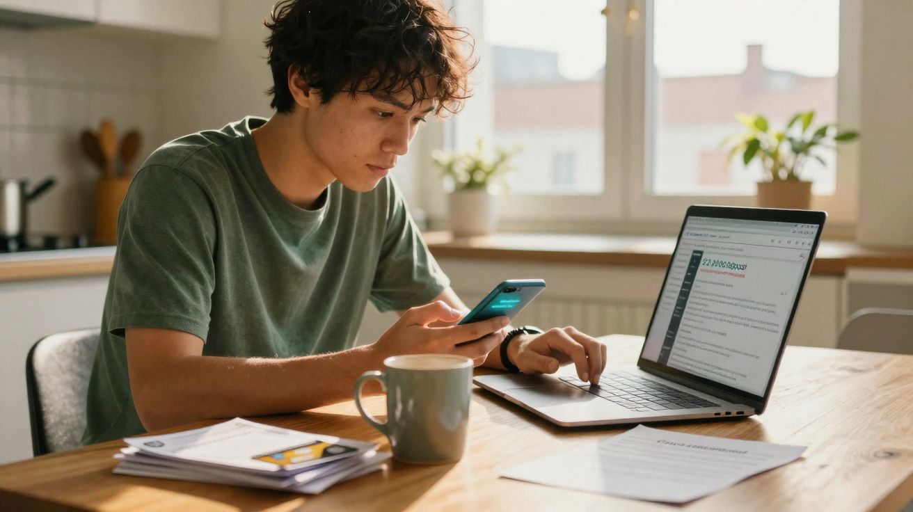 Jovem sentado à mesa a usar telemóvel e computador portátil numa sala bem iluminada com plantas na janela.