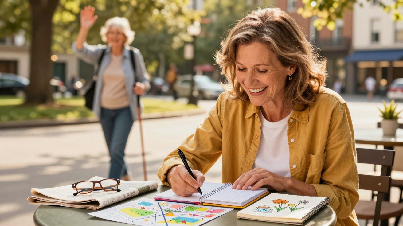 Mulher sorridente a desenhar num caderno ao ar livre, com outra mulher a acenar ao fundo.