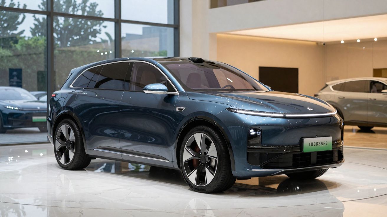 Carro elétrico azul metálico exposto num showroom moderno com grandes janelas e chão espelhado.