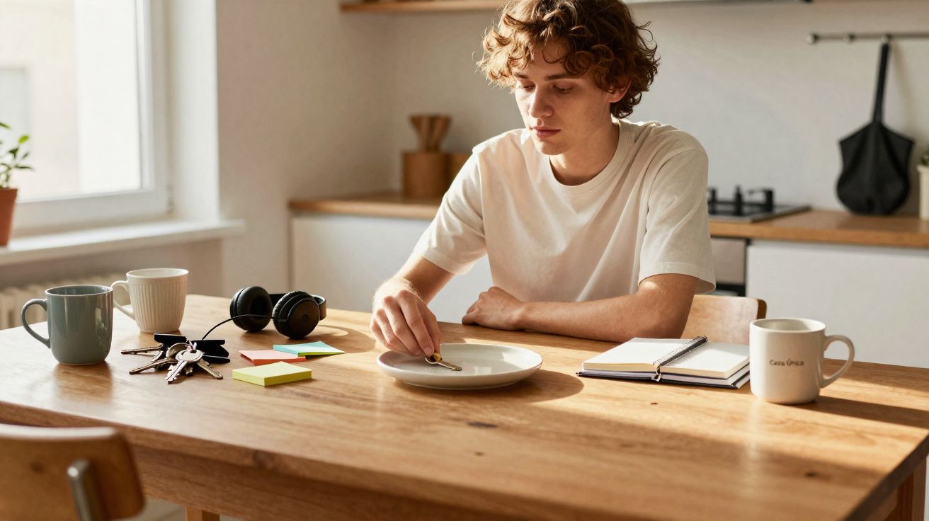 Jovem sentado à mesa de cozinha a manusear um par de brincos, com canecas, blocos de notas e auscultadores à sua frente.
