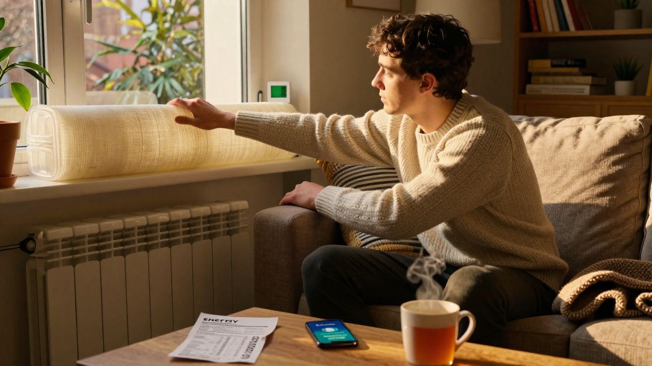 Homem a sentar no sofá a baixar uma persiana enquanto a luz do sol entra pela janela.