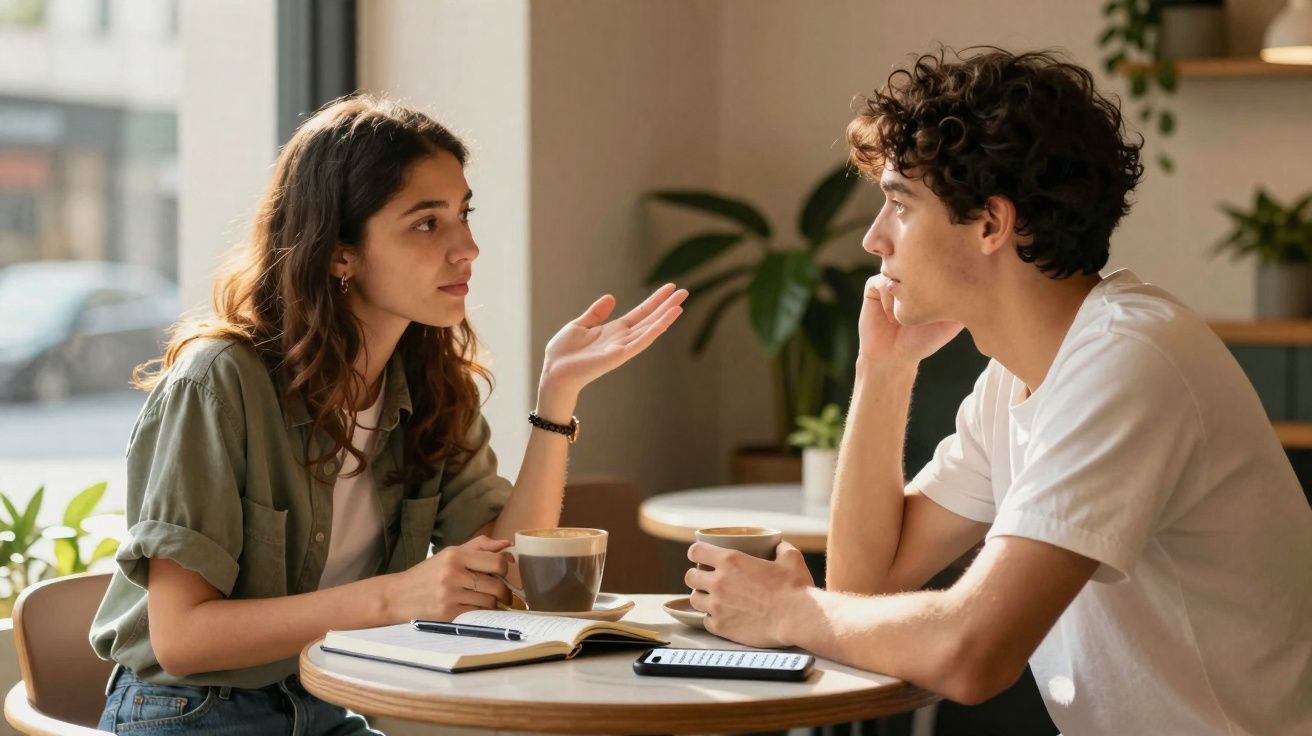 Duas pessoas a conversar numa mesa de café com chávenas, caderno e smartfone, num ambiente interior iluminado.