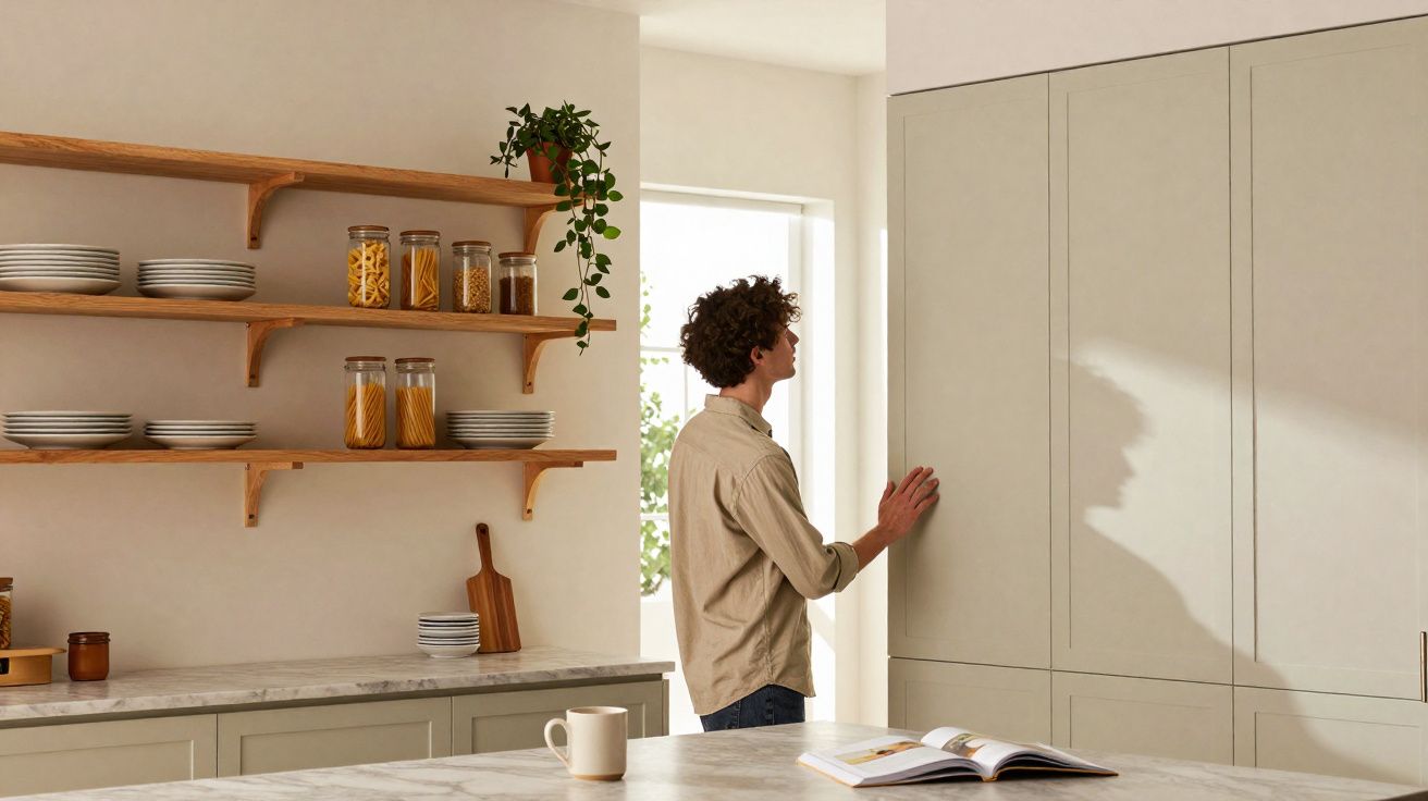 Pessoa com roupa bege junto a armários altos em cozinha moderna com prateleiras em madeira e bancada em mármore.