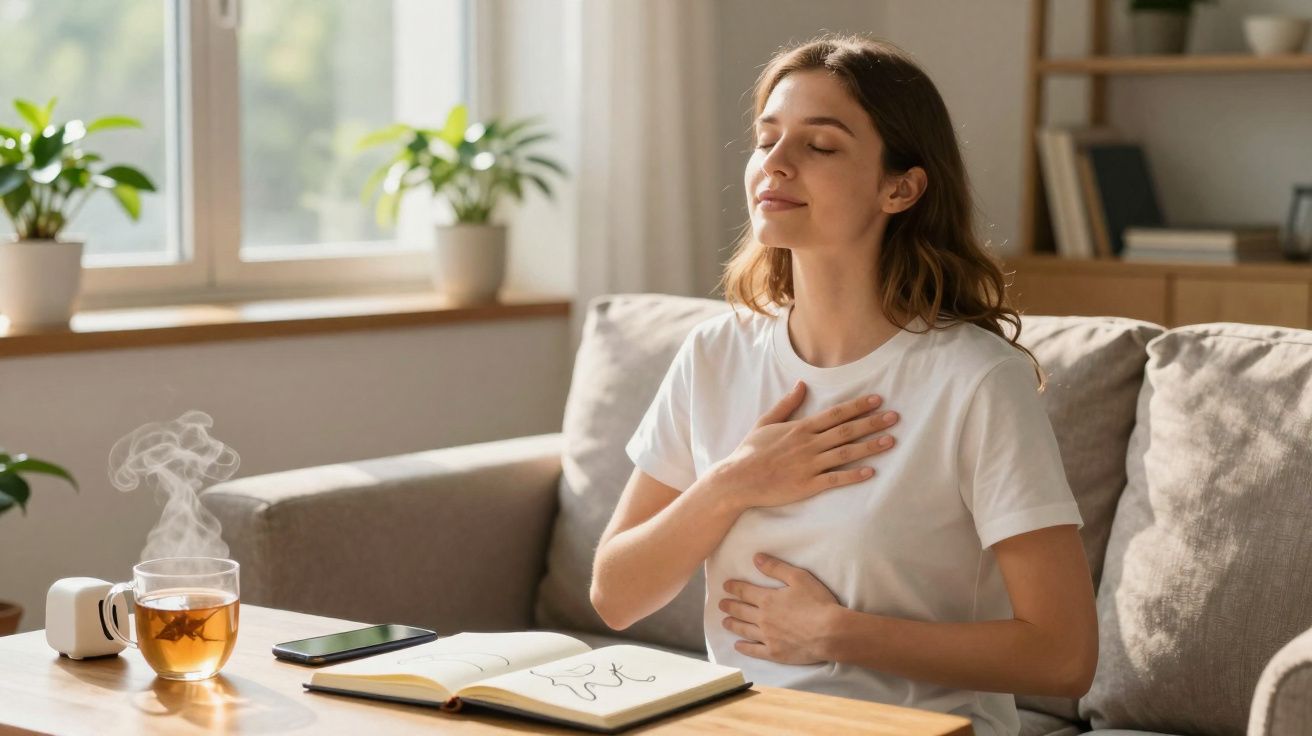Mulher sentada no sofá com olhos fechados, mãos no peito e barriga, praticando mindfulness.