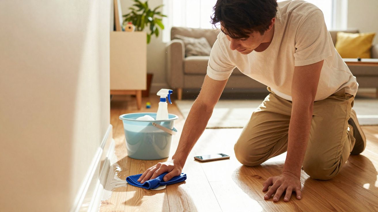 Homem ajoelhado a limpar um chão de madeira com um pano azul, ao lado de um balde e um spray de limpeza.