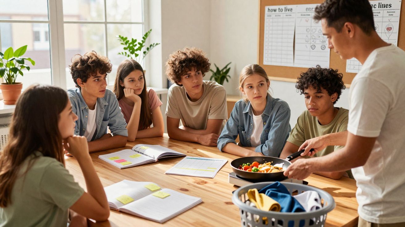 Grupo de jovens sentados à mesa atentos enquanto um rapaz cozinha numa frigideira.