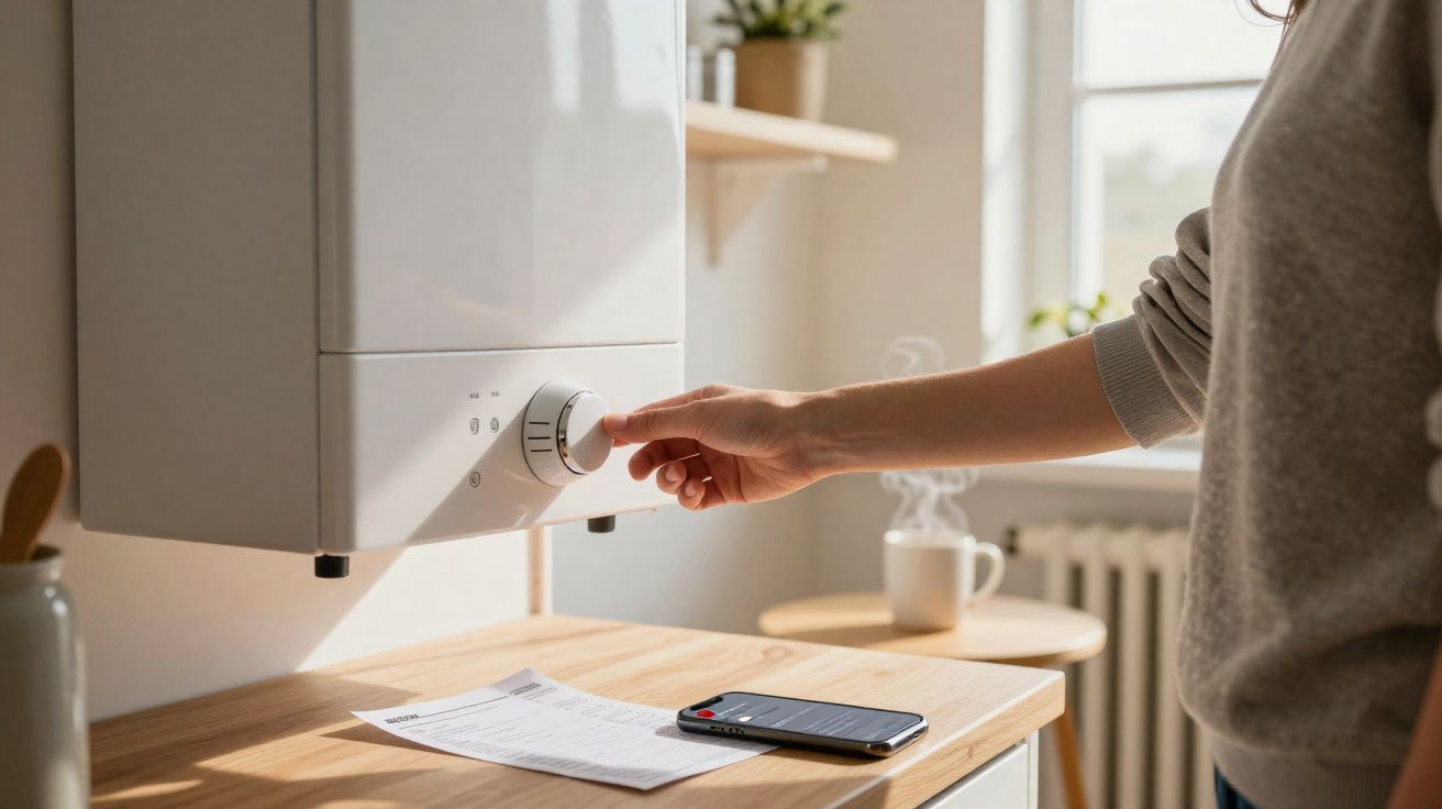 Pessoa a ajustar o termóstato de uma caldeira branca num ambiente doméstico iluminado.