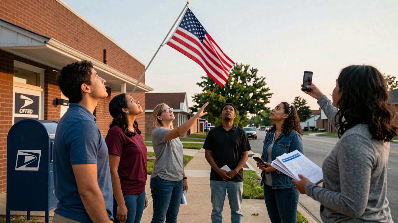 Grupo diverso observa e fotografa bandeira dos Estados Unidos numa rua residencial ao entardecer.