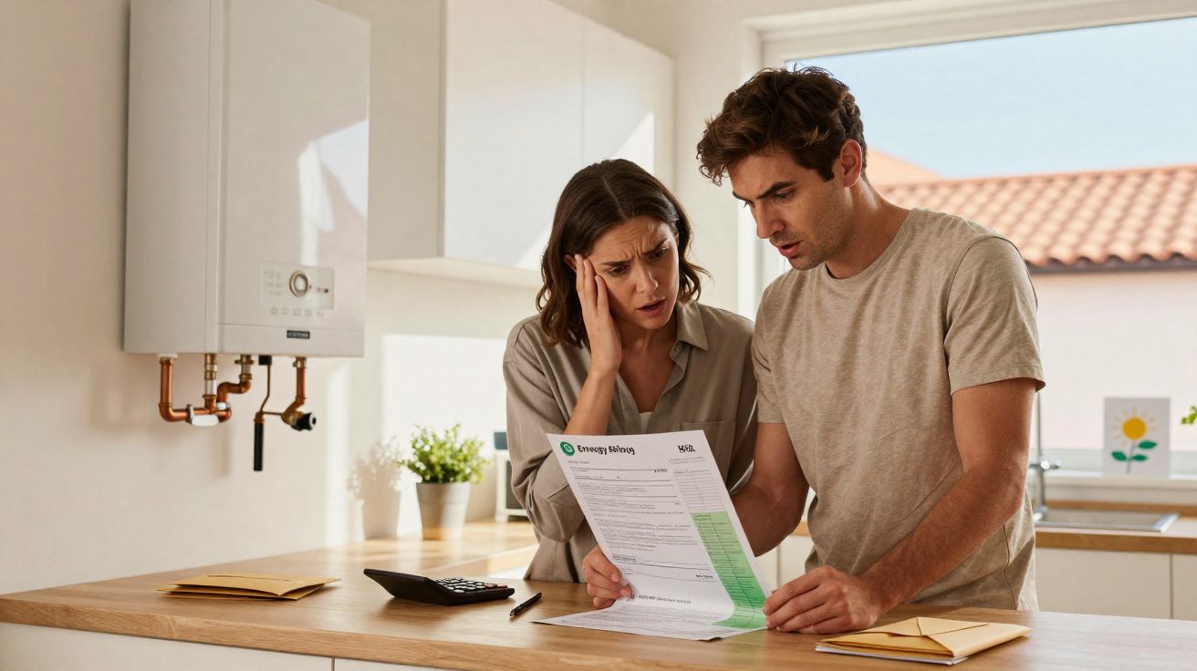 Casal preocupado a analisar uma fatura de energia na cozinha da casa.