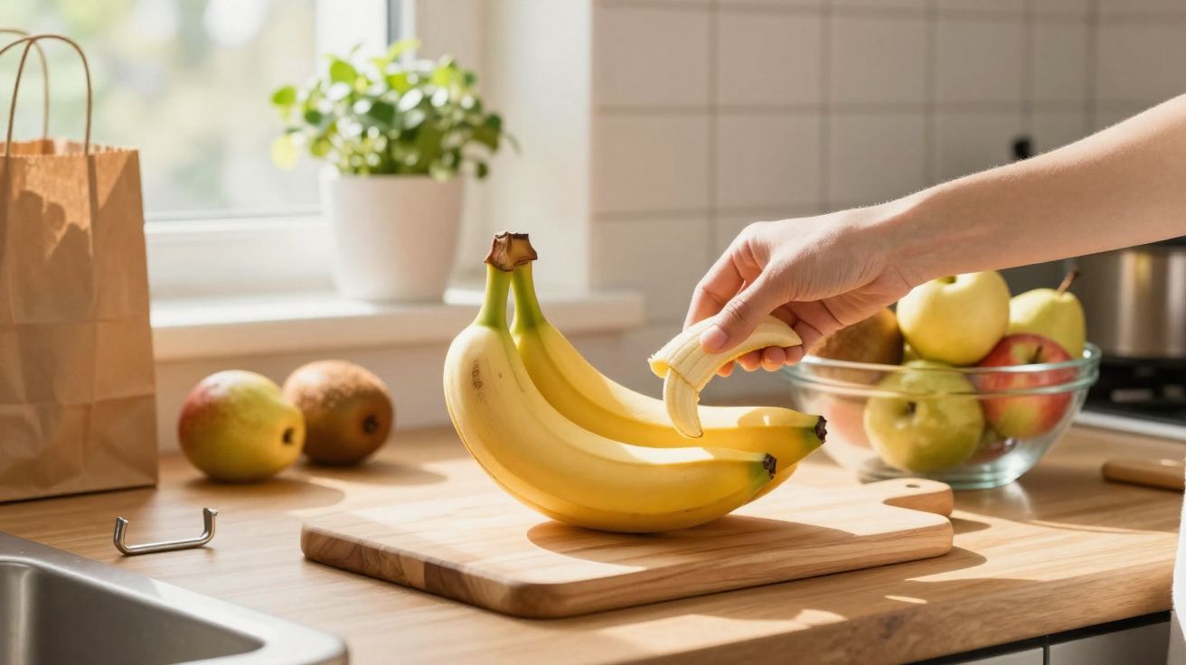 Mão a descascar uma banana num tacho de madeira com outras frutas e utensílios na cozinha.