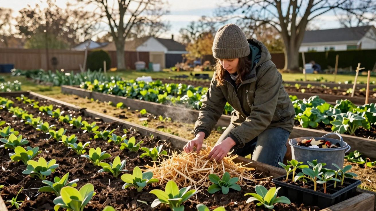 Mulher com gorro a colocar palha em canteiros de vegetais numa horta ao ar livre durante o dia.
