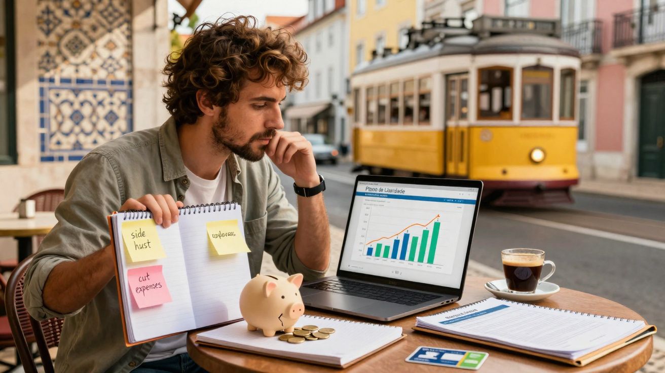 Homem a trabalhar num café ao ar livre com gráficos num portátil e caderno, junto a cacifo e moedas.
