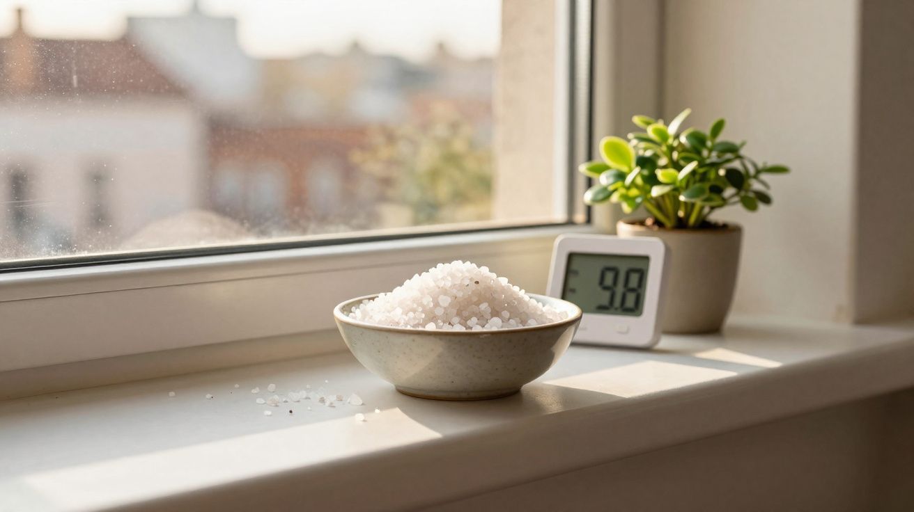 Tigela com sal grosso, termómetro digital e planta em vaso numa janela com luz natural.