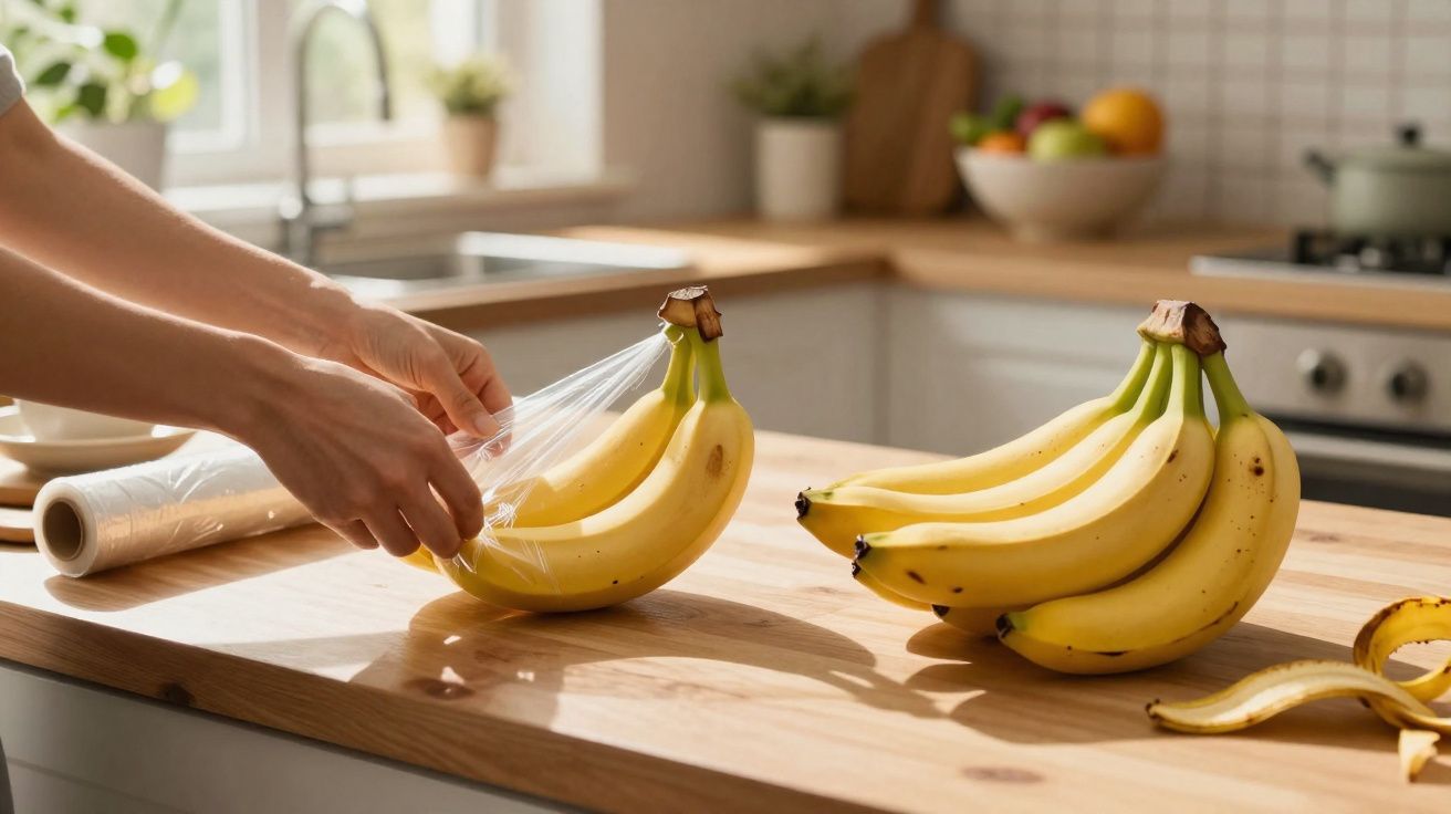 Mãos a embrulhar cachos de bananas com película aderente numa cozinha luminosa.