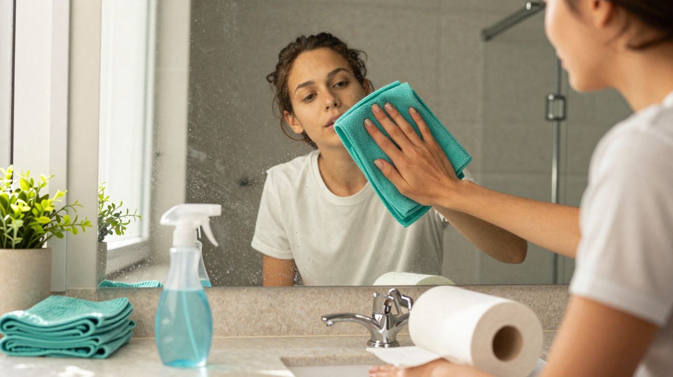 Mulher a limpar espelho da casa de banho com pano azul e produtos de limpeza.