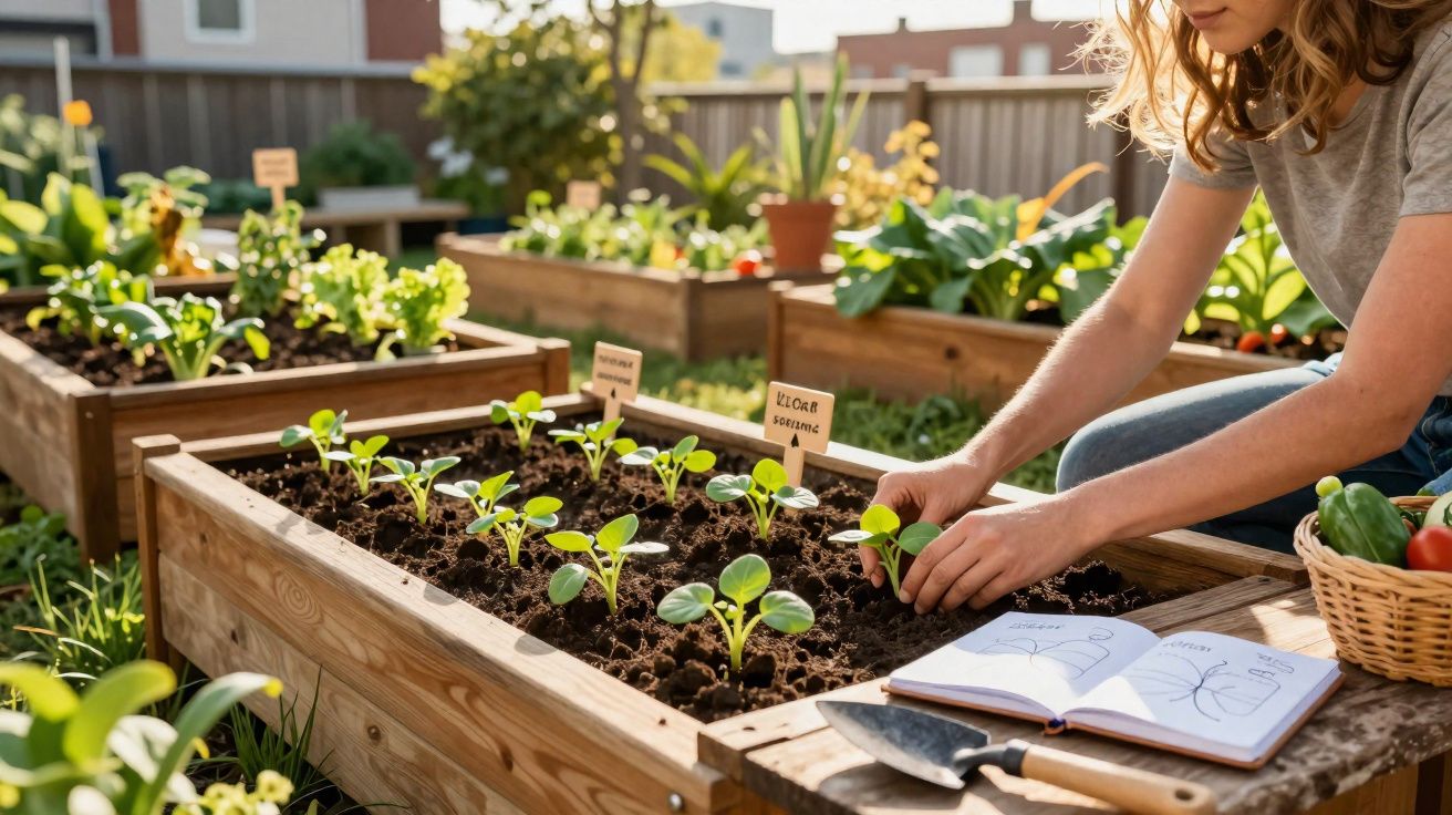 Pessoa a cultivar plantas jovens em canteiros elevados num jardim urbano ensolarado.