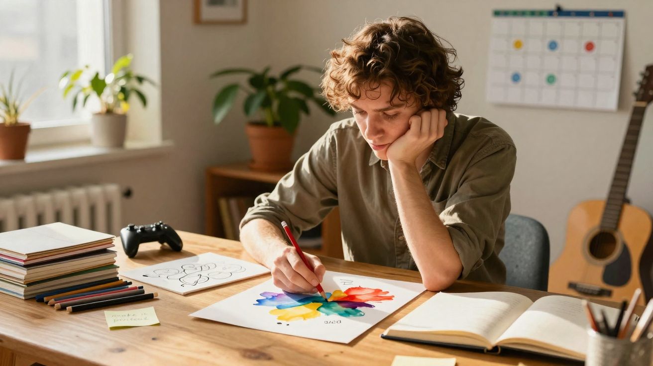 Jovem sentado à mesa a pintar com lápis de cor uma roda de cores num ambiente calmo e organizado.