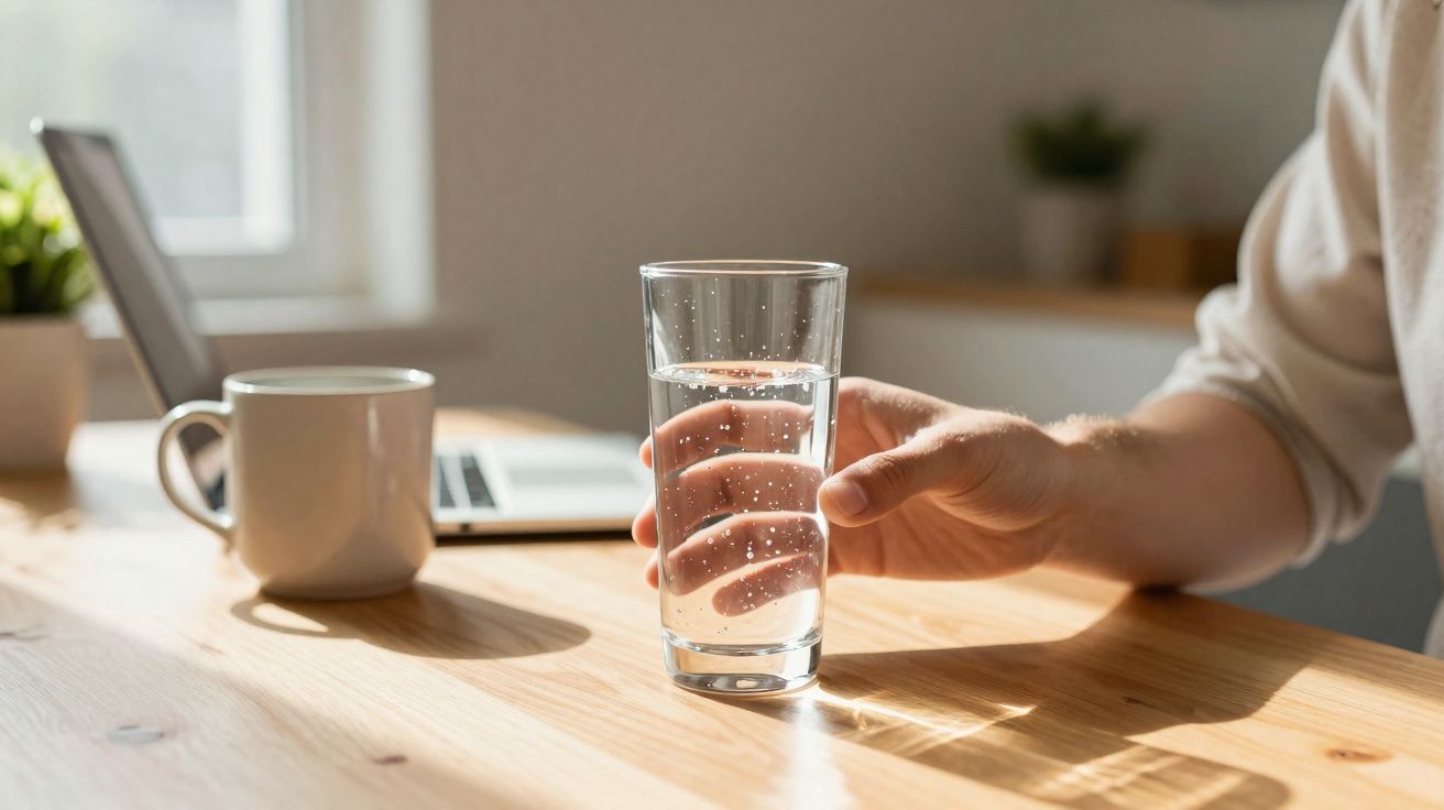 Pessoa a segurar um copo de água numa mesa com portátil e caneca ao fundo, com luz natural.