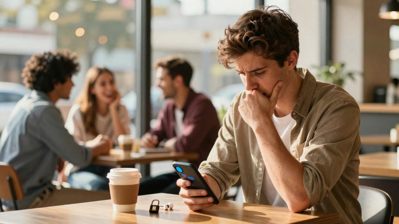 Jovem preocupado consulta o telemóvel numa cafetaria, enquanto outras pessoas conversam ao fundo.