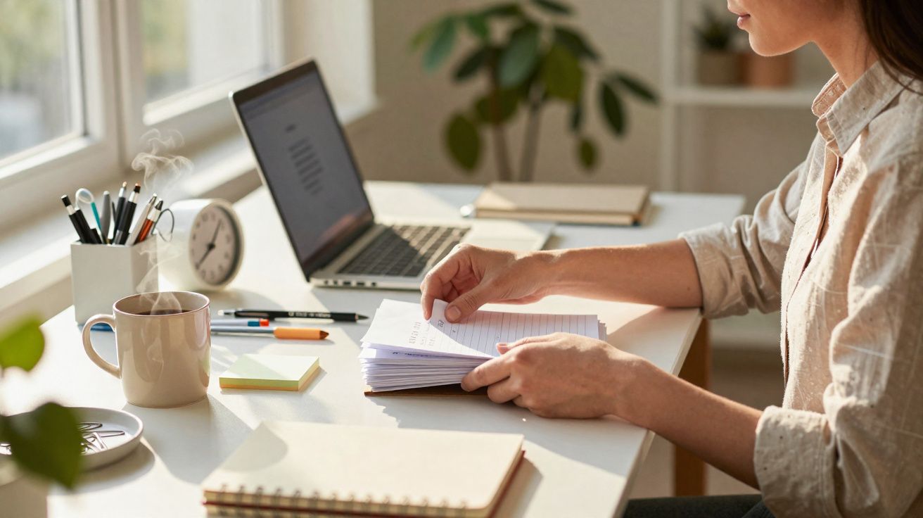 Pessoa a ler documentos numa secretária com computador portátil, canecas e material de escritório.