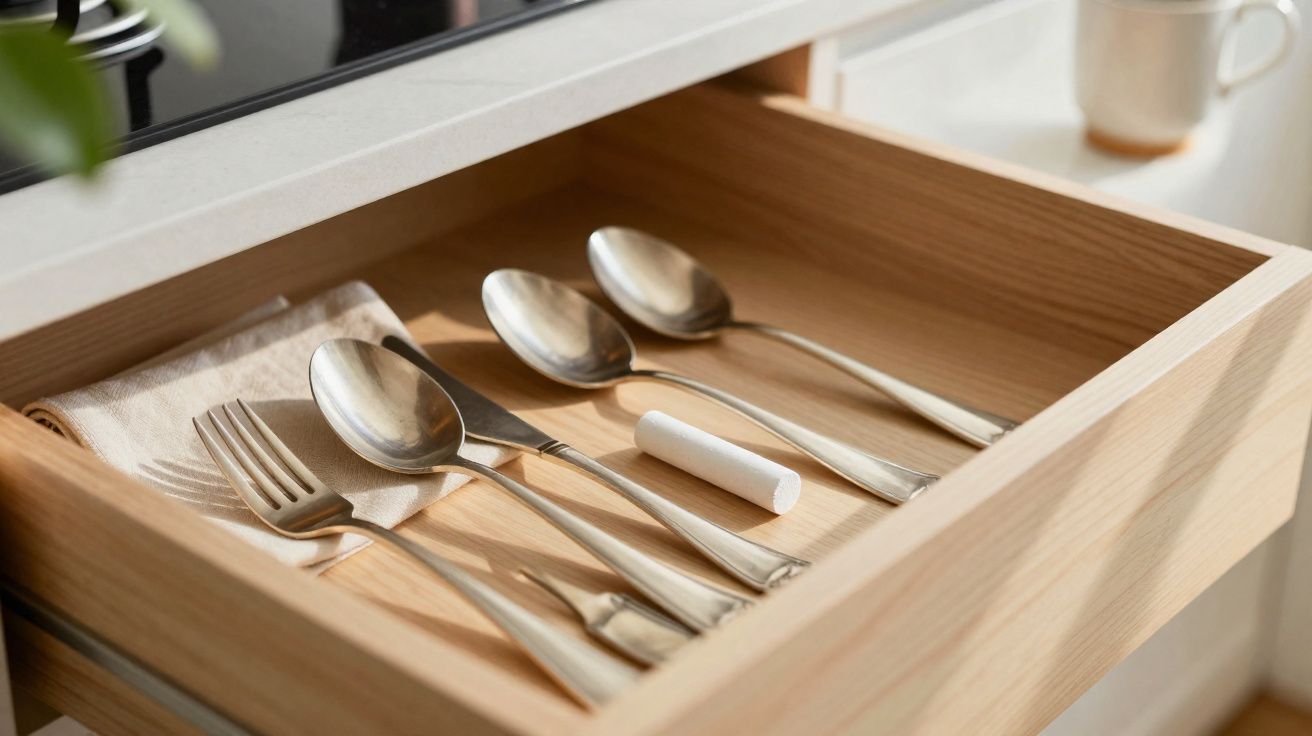 Gaveta de madeira com talheres de metal, guardanapo, giz branco e caneca na bancada.
