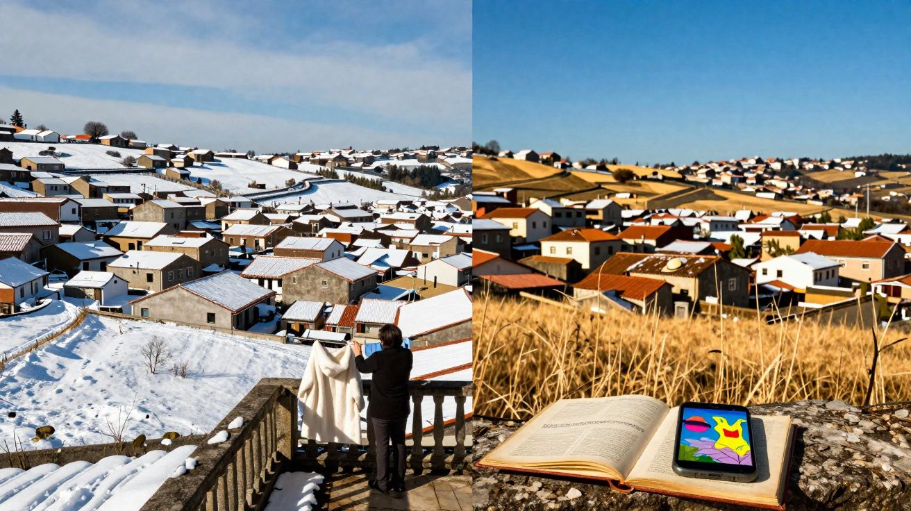 Vista de uma aldeia com neve e inverno à esquerda e verão com relva seca à direita, com um livro e telemóvel.
