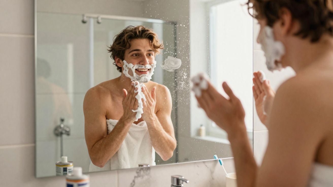 Homem com toalha no corpo a aplicar espuma de barbear no rosto diante de espelho na casa de banho.