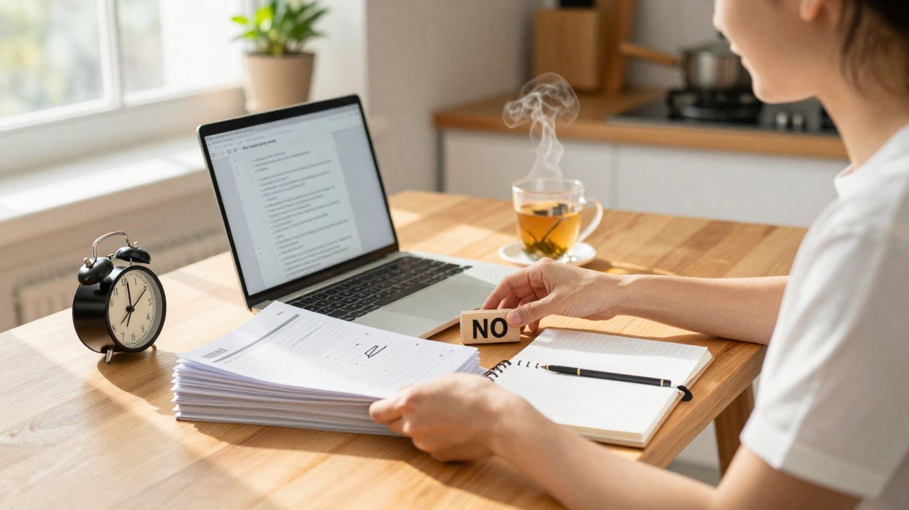 Pessoa a trabalhar num escritório em casa com laptop, pilha de documentos e chá quente na mesa.