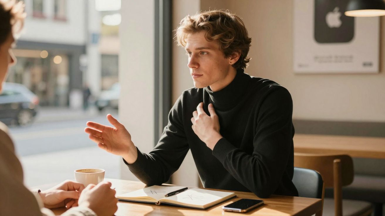 Jovem conversa enquanto toma café numa esplanada, com caderno aberto e telemóvel em cima da mesa.