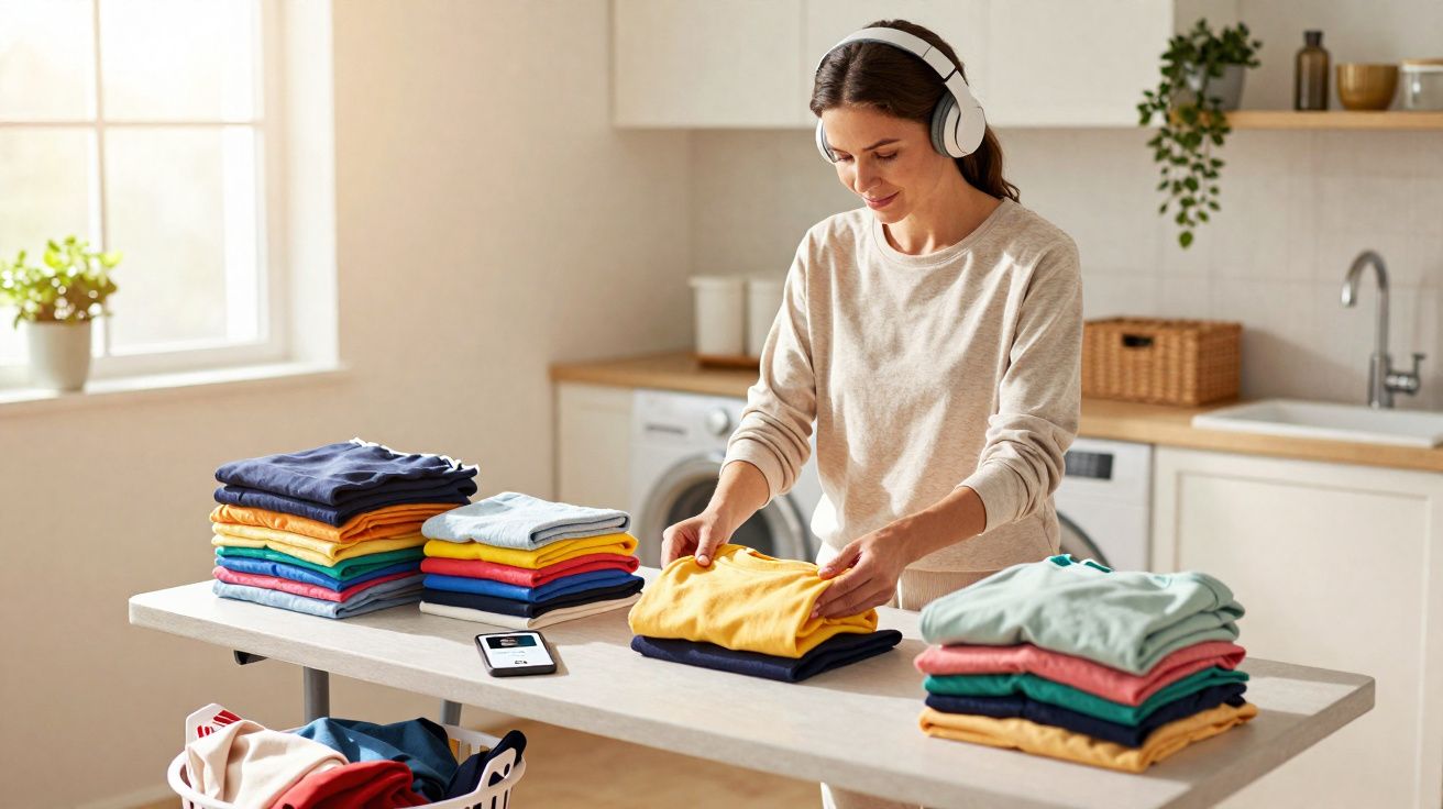 Mulher a dobrar roupa numa mesa, com auscultadores, numa divisão clara e organizada.