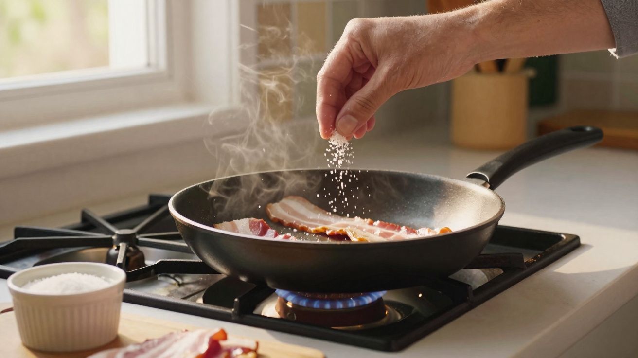 Pessoa a temperar tiras de bacon a cozinhar numa frigideira de fogão a gás com janela ao fundo.