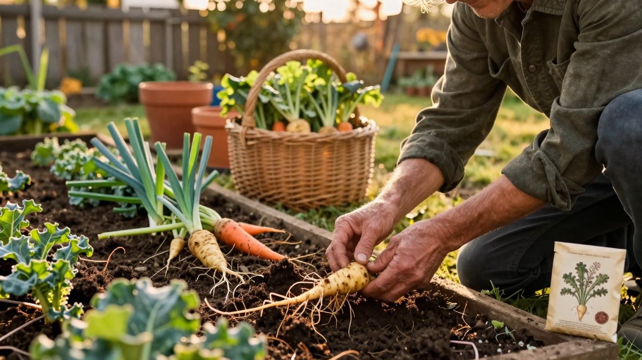 Homem a colher nabos foi lavrar em talhão de vegetais com cesta cheia ao fundo.