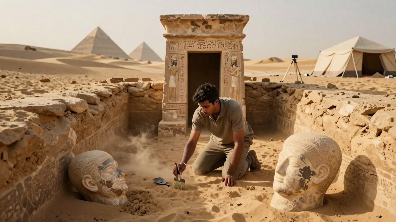 Arqueólogo limpa areia à frente de esfinges e templo antigo nas pirâmides do Egito.