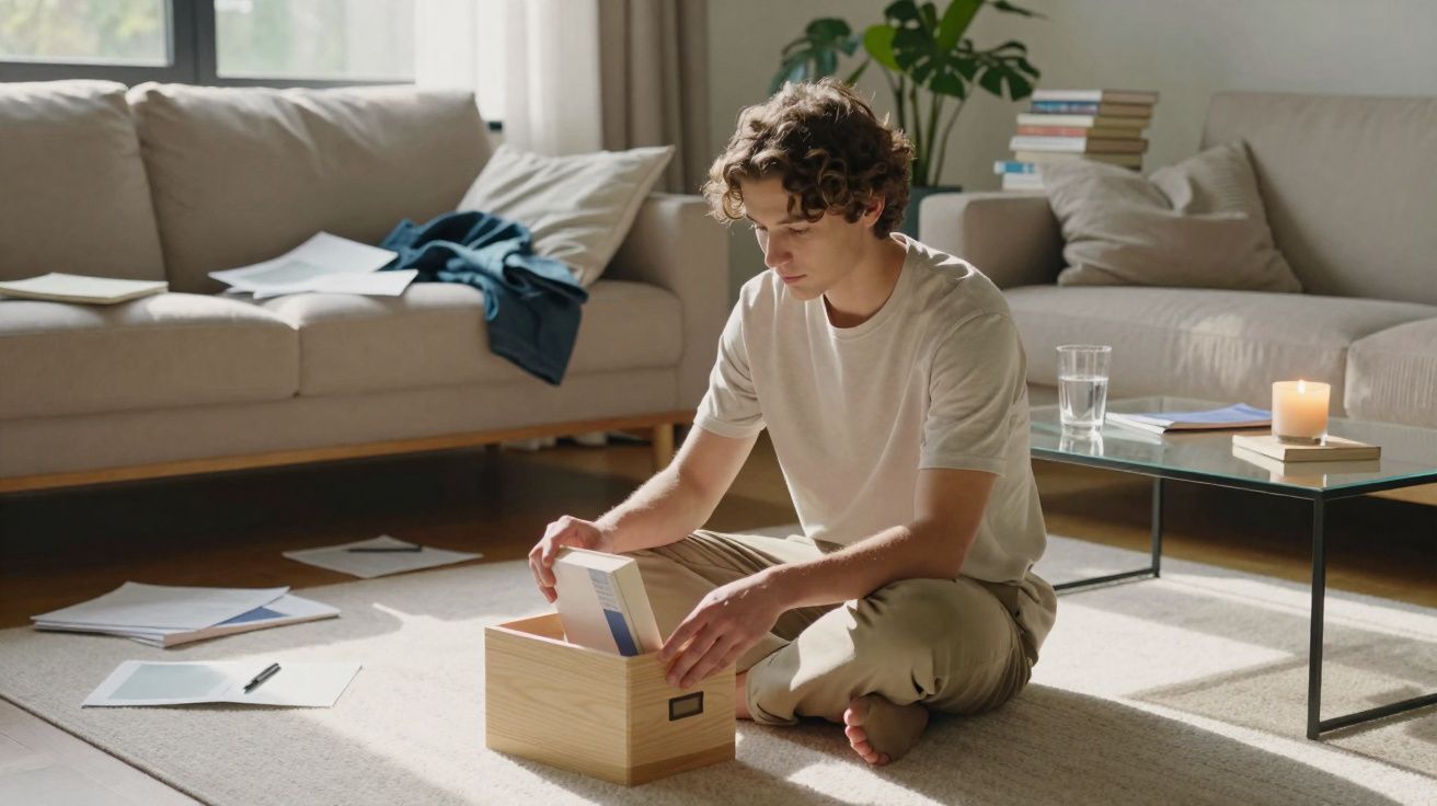 Jovem sentado no chão a organizar livros numa caixa, numa sala clara e acolhedora com sofá e mesa de vidro.