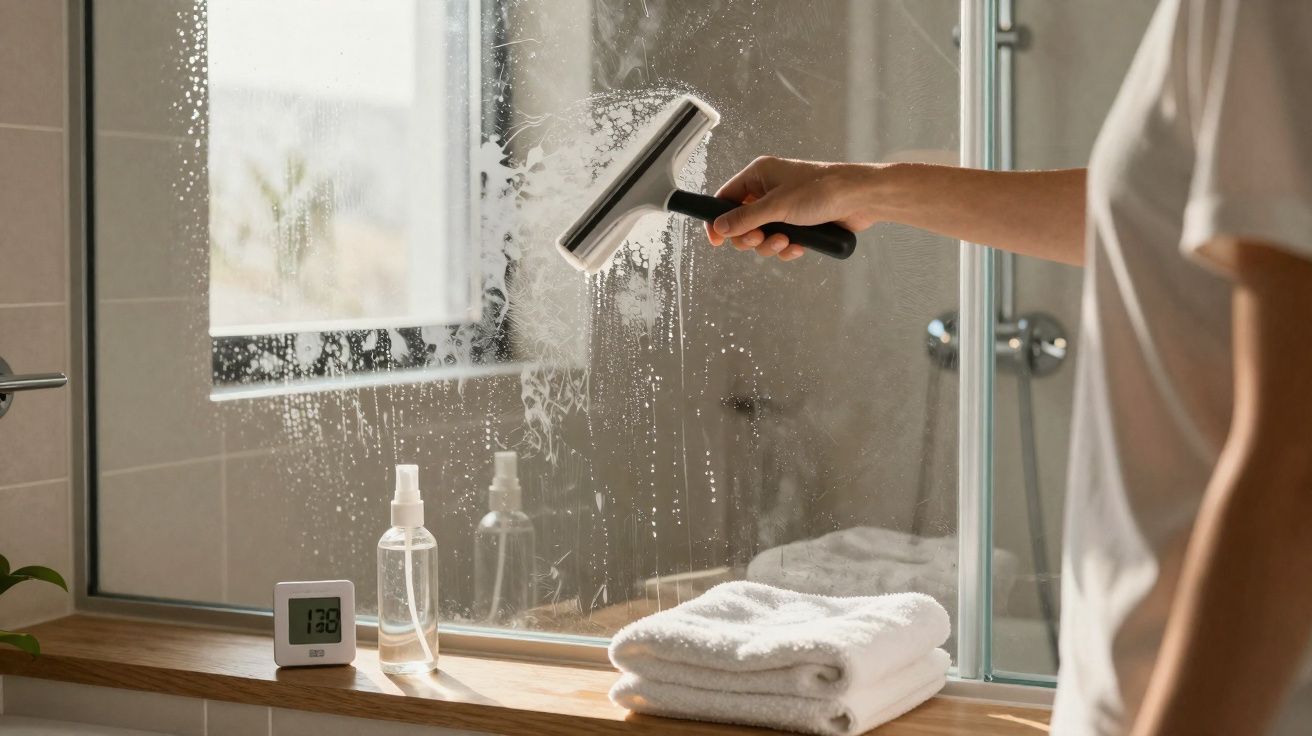 Pessoa a limpar um espelho de casa de banho com um limpa-vidros e toalhas brancas dobradas na janela.