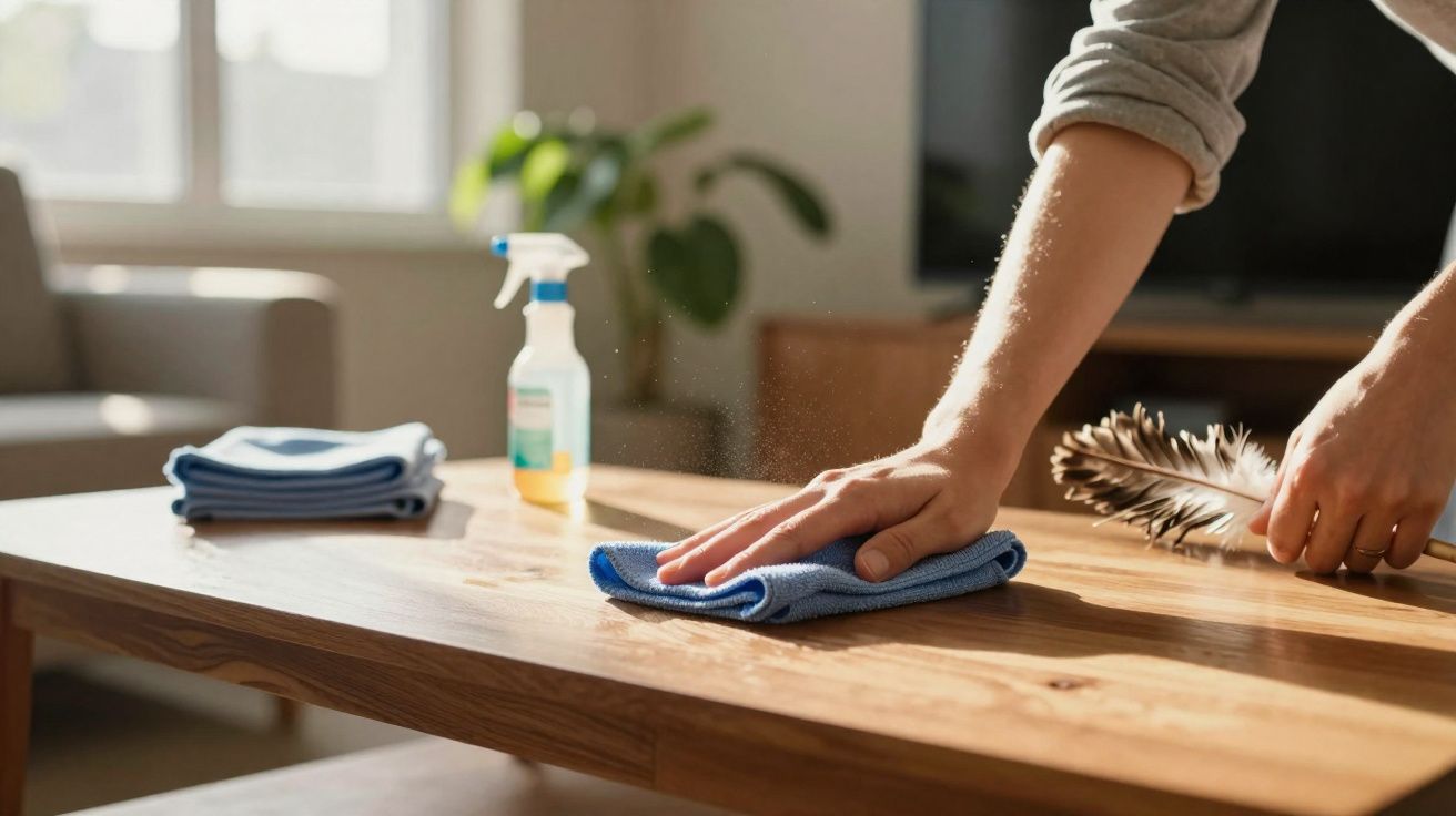 Pessoa a limpar uma mesa de madeira com um pano azul num ambiente iluminado e arrumado.