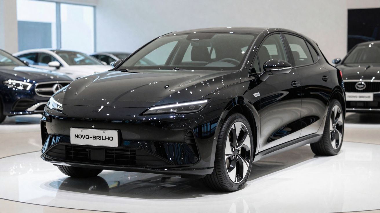 Automóvel preto elétrico moderno exibido em salão, com design aerodinâmico e rodas estilizadas.