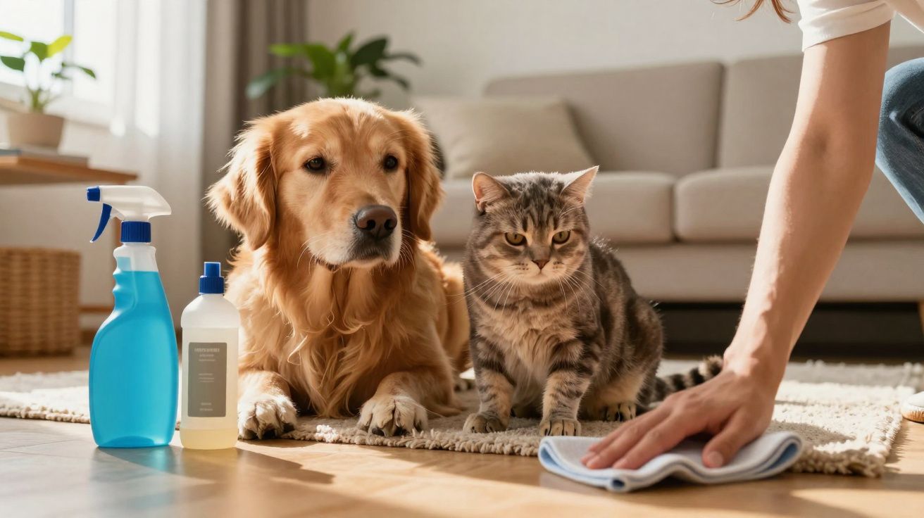 Cão e gato sentados no chão junto de frascos de limpeza, com pessoa a limpar o chão num ambiente doméstico.