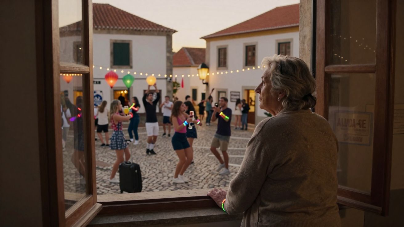 Mulher idosa observa festa com grupo de jovens a dançar numa praça à noite, com lanternas coloridas.