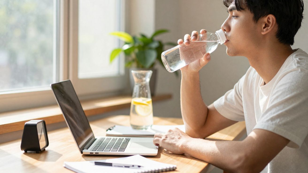 Homem a beber água enquanto trabalha num computador portátil numa mesa perto da janela.
