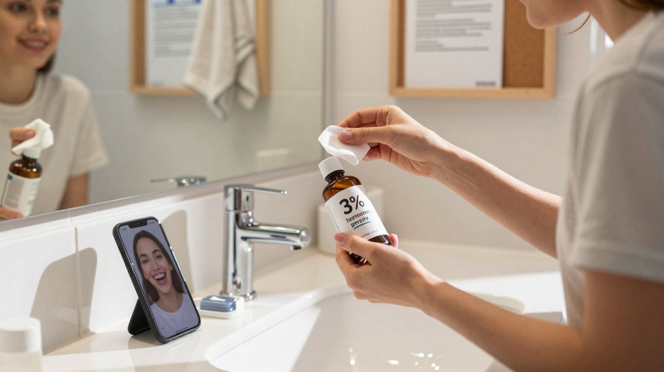 Pessoa segurando frasco de produtos de cuidado facial à frente de um telemóvel com videochamada na casa de banho.