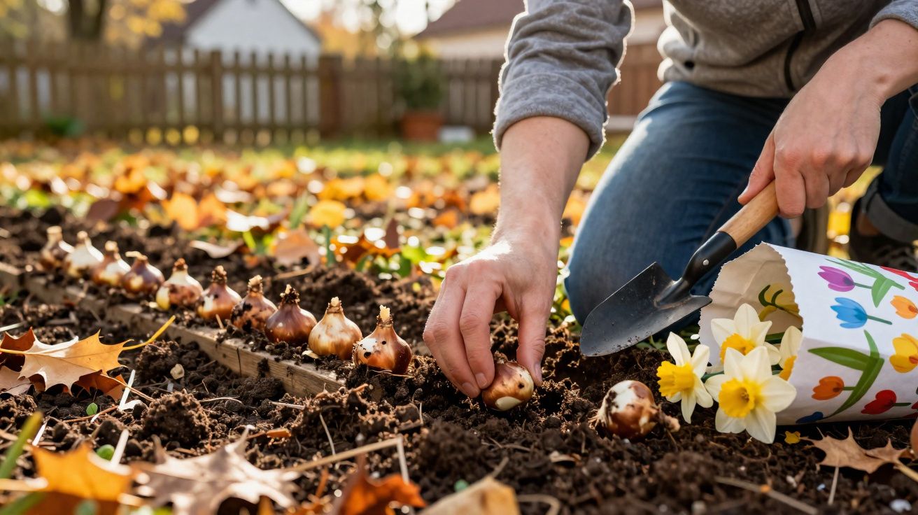Pessoa a plantar bolbos de flores numa horta com folhas caídas e flores frescas ao lado.