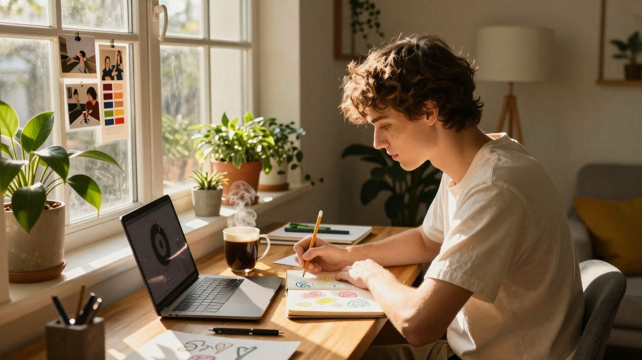 Jovem com camiseta branca a desenhar num caderno numa mesa com laptop, plantas e chá fumegante junto à janela.
