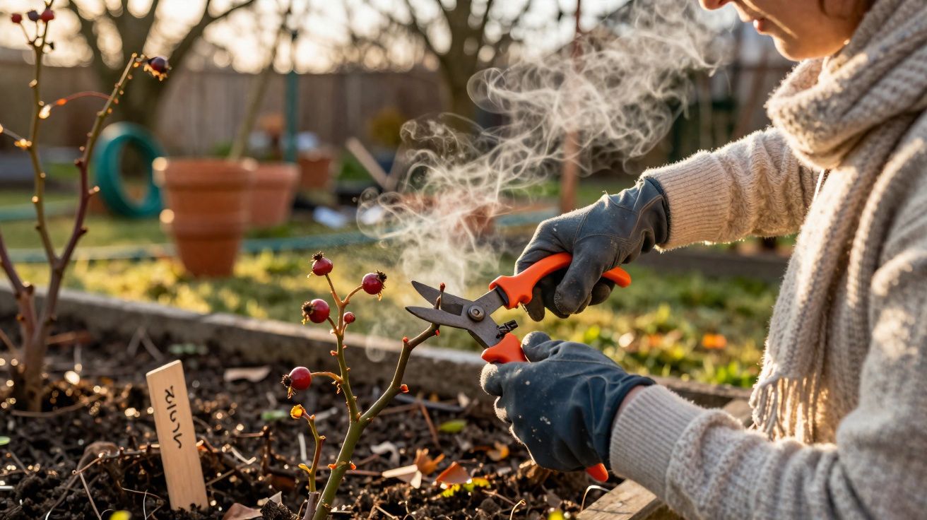 Pessoa de luvas a podar ramo com frutos vermelhos num jardim ao entardecer.