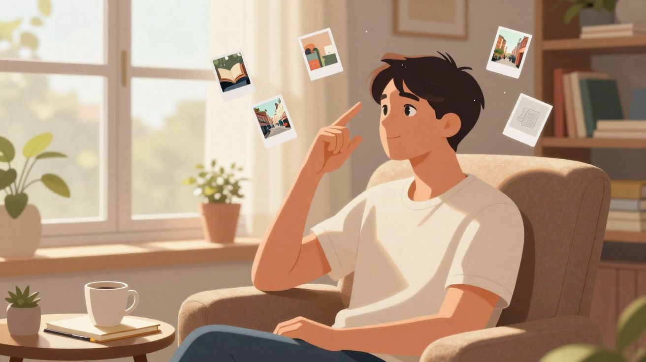Jovem sentado numa poltrona a recordar várias imagens flutuantes numa sala iluminada.