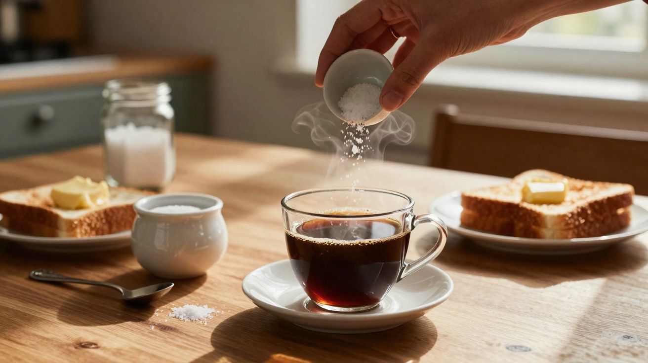 Mão a deitar açúcar em chávena de café fumegante com torradas e manteiga numa mesa de madeira.