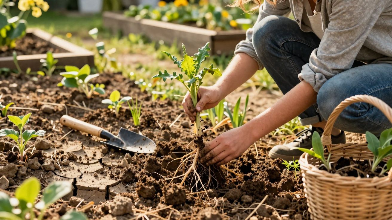 Pessoa a plantar muda de alface num canteiro de jardim com cesta e enxada ao lado.