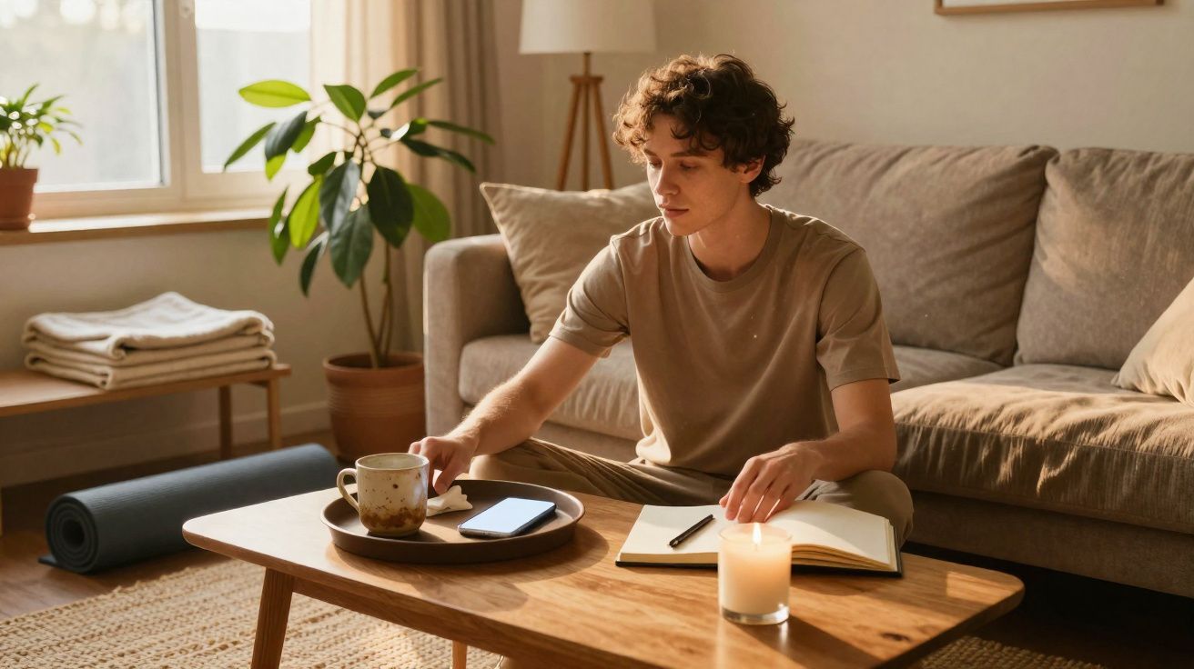 Jovem sentado no chão da sala, a beber chá e a escrever num caderno, com vela acesa na mesa de madeira.